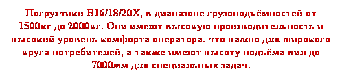 Text Box: Погрузчики B16/18/20X, в диапазоне грузоподъёмностей от 1500кг до 2000кг. Они имеют высокую производительность и высокий уровень комфорта оператора. что важно для широкого круга потребителей, а также имеют высоту подъёма вил до 7000мм для специальных задач. 
